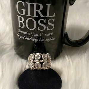 Silvertone Rhinestone And Beaded Ring 3/4 Inch Elastic Stretch Band OS